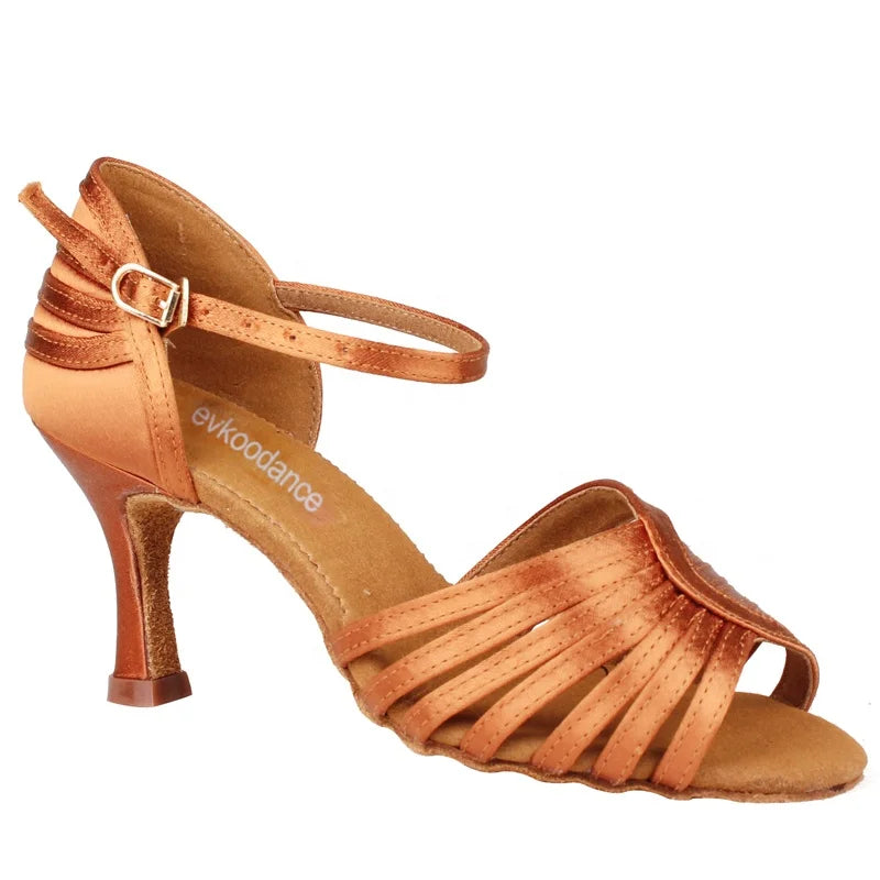 New Arrival Women's Brown Satin Latin Salsa Ballroom Dance Shoes with 7cm Heel & Suede Insole