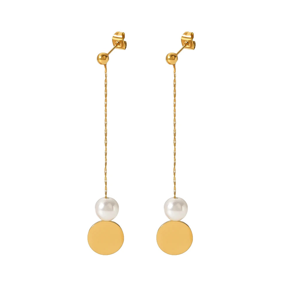 Bohemia Design Stainless Steel 18K Gold Plated Long Drop Chain Shell Pearls Stud Earrings for Women Gift