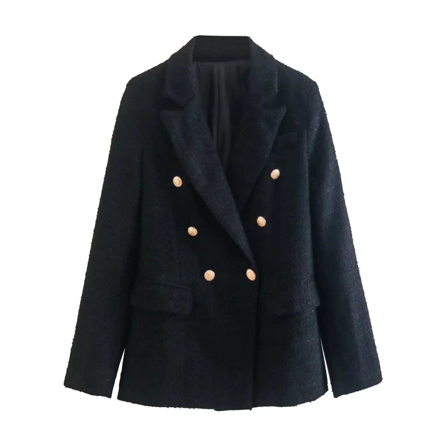 Women Jacket Autumn Fashion Double Breasted Tweed Check Blazer Coat Vintage Long Sleeve Pockets Female Outerwear Chic