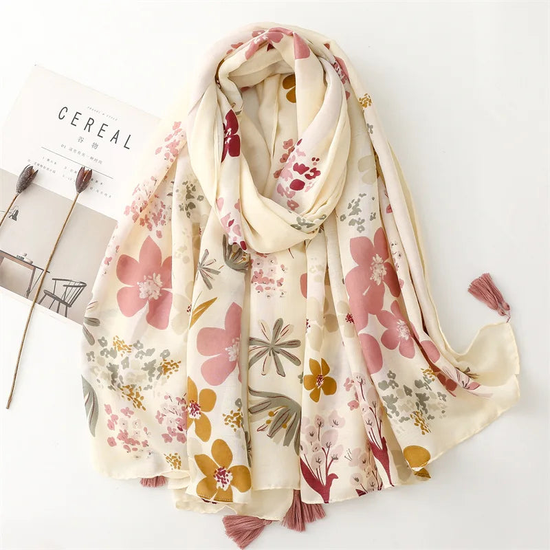 Wholesale 2023 Latest Womens Cotton Scarves Fashion Summer Soft Shawl Scarf Floral Printed Long Foulard Pour Femm Voile