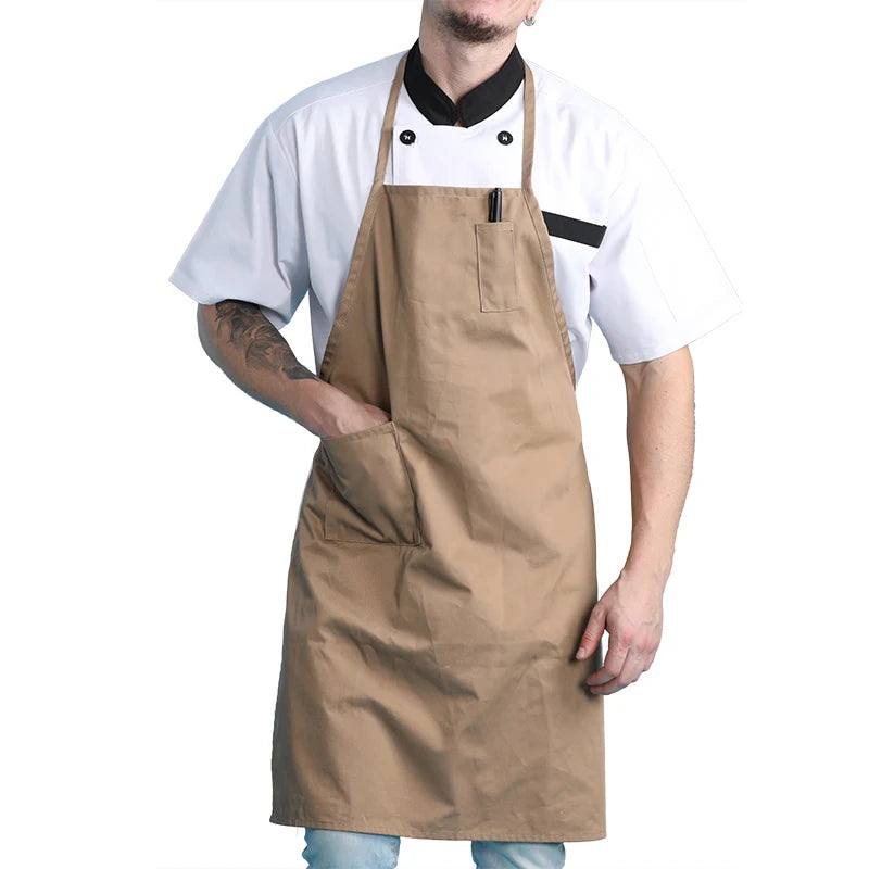 Polyester Cotton Blend Khaki Hotel Chef Apron Customized Logo Aprons