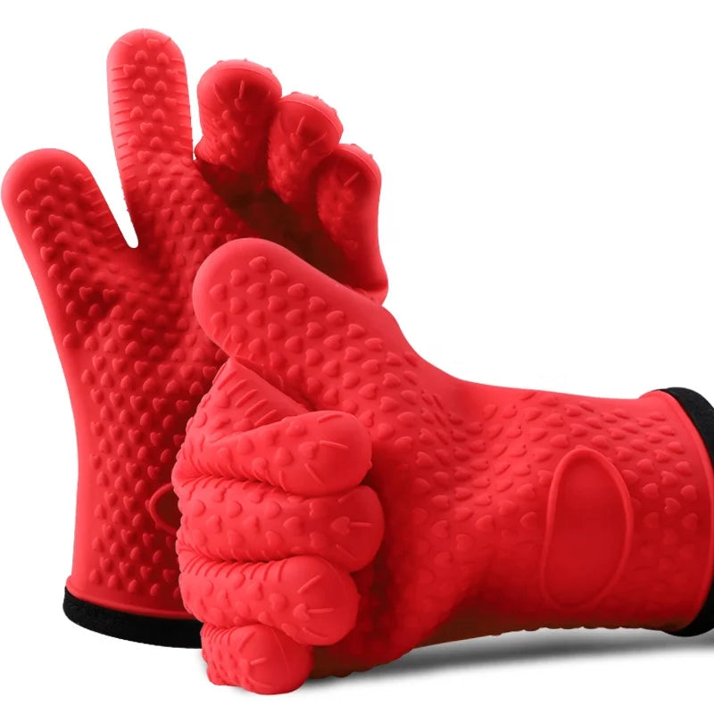 Kitchenware Red Non-Slip Silicone Grip Oven Mitts Heat Resistant Cooking Gloves Smoker Oven Gloves