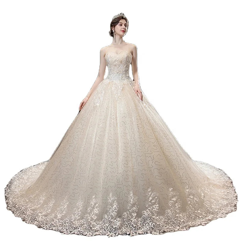 New Bridal Trail Main Wedding Dress Champagne Color Strapless Level Lace Wedding Dress Shining Dream Wedding Gown