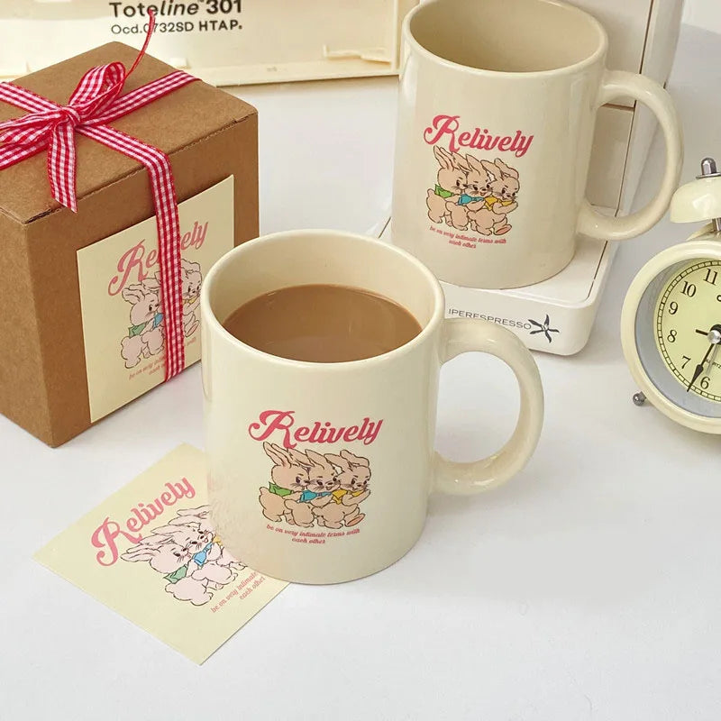 Ins Korea Cream Rabbit Ceramic Coffee Mug Large Capacity Cartoon Ceramic Drinking Water Cup