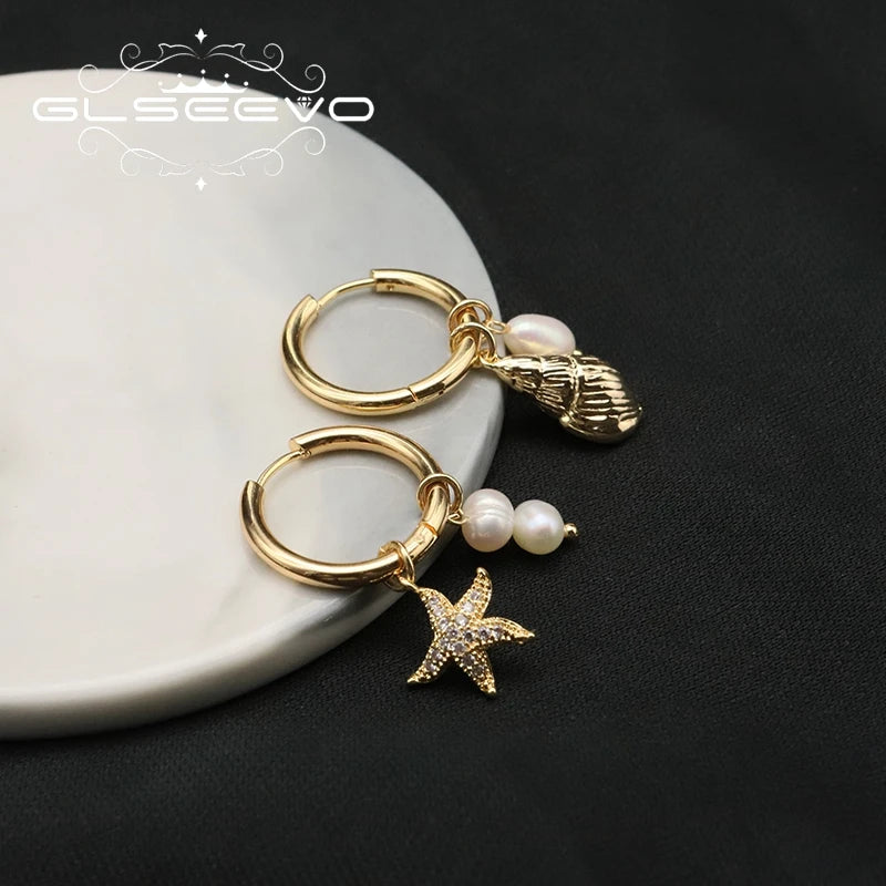 Starfish Sea Snail Natural Fresh Water Pearl Dissymmetry Earring for Woman Original Unique Western Fashion Party Jewelry