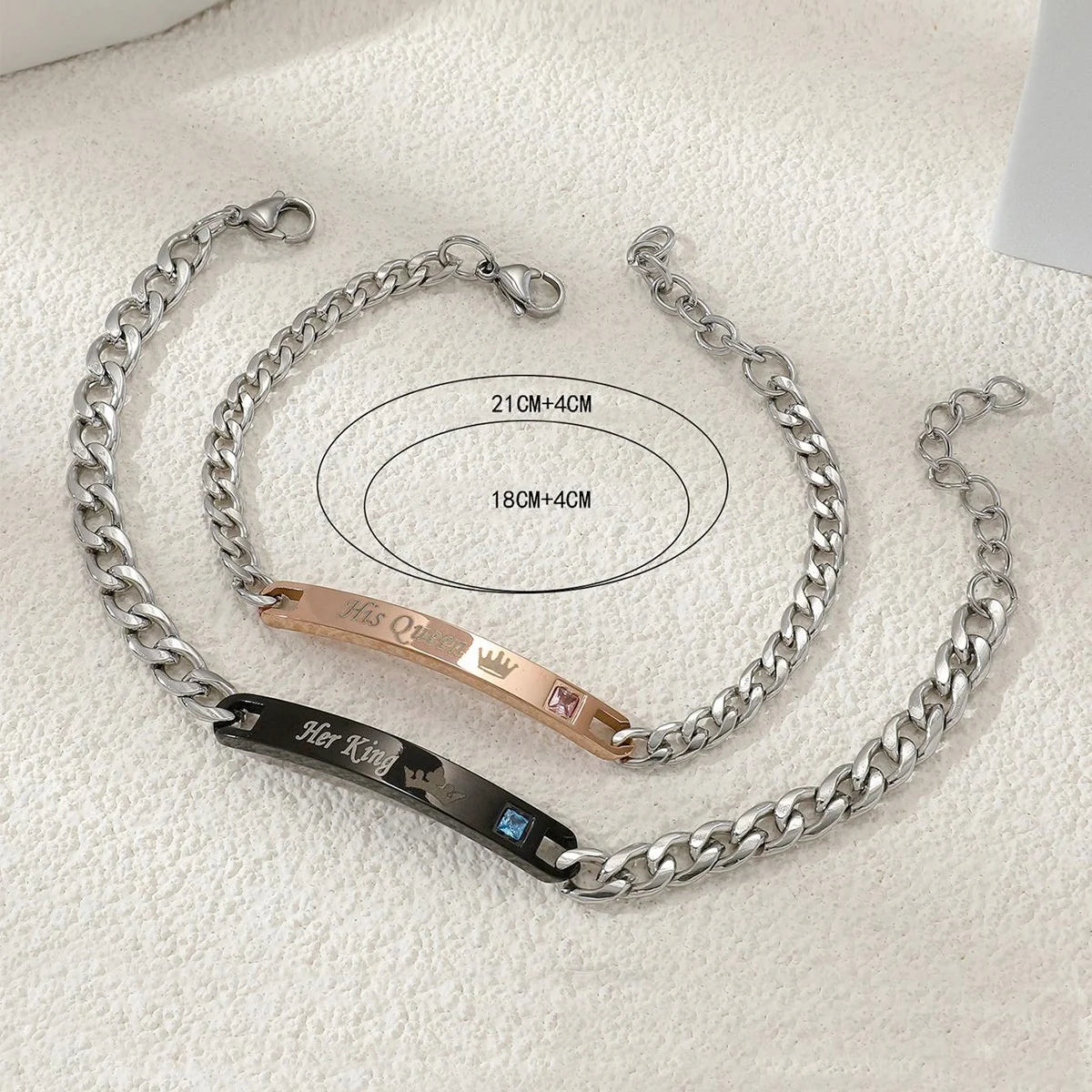 Custom Logo Engrave His Beauty Blue Pink Zircon Lovers Couple Bracelet Chain Stainless Steel His Queen Her King Bracelet