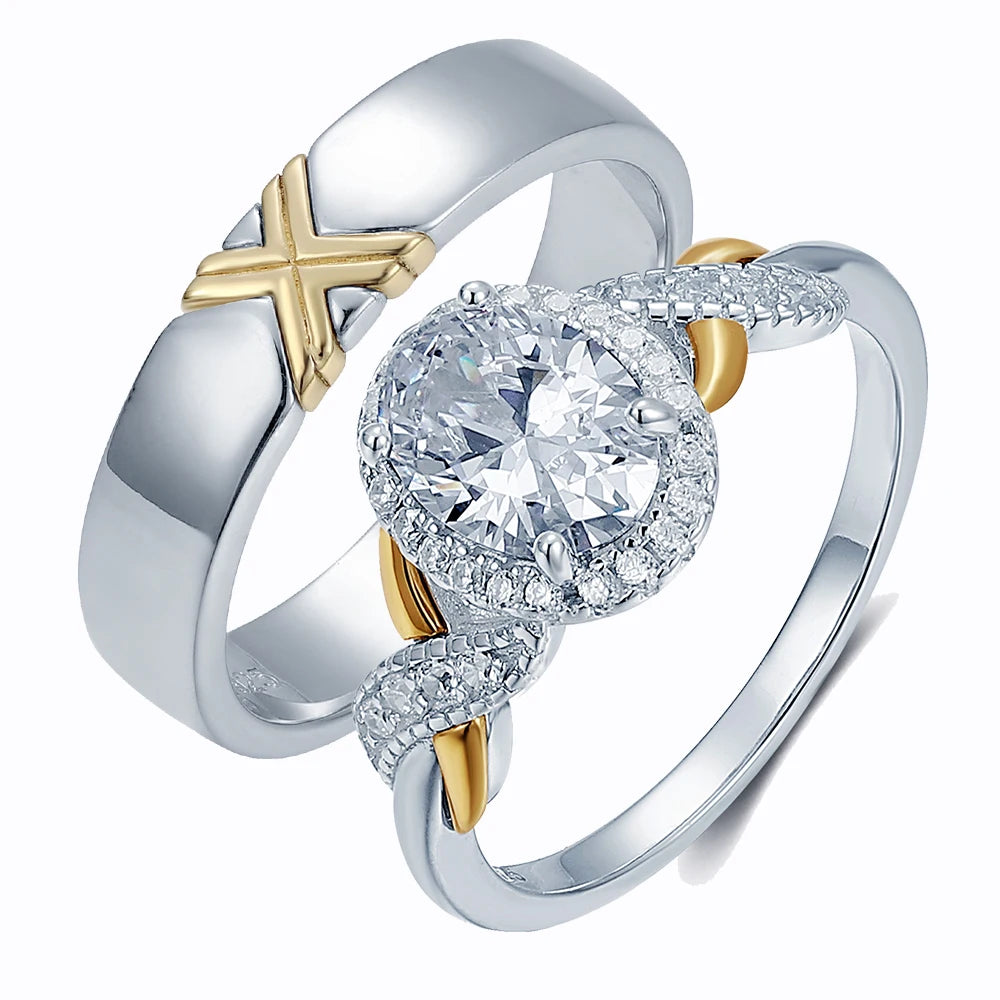 Solid Gold Jewelry 9K Gold CZ Couple Ring Set S925 Sterling Silver Oval CZ Twist Engagement Promise Ring Gift