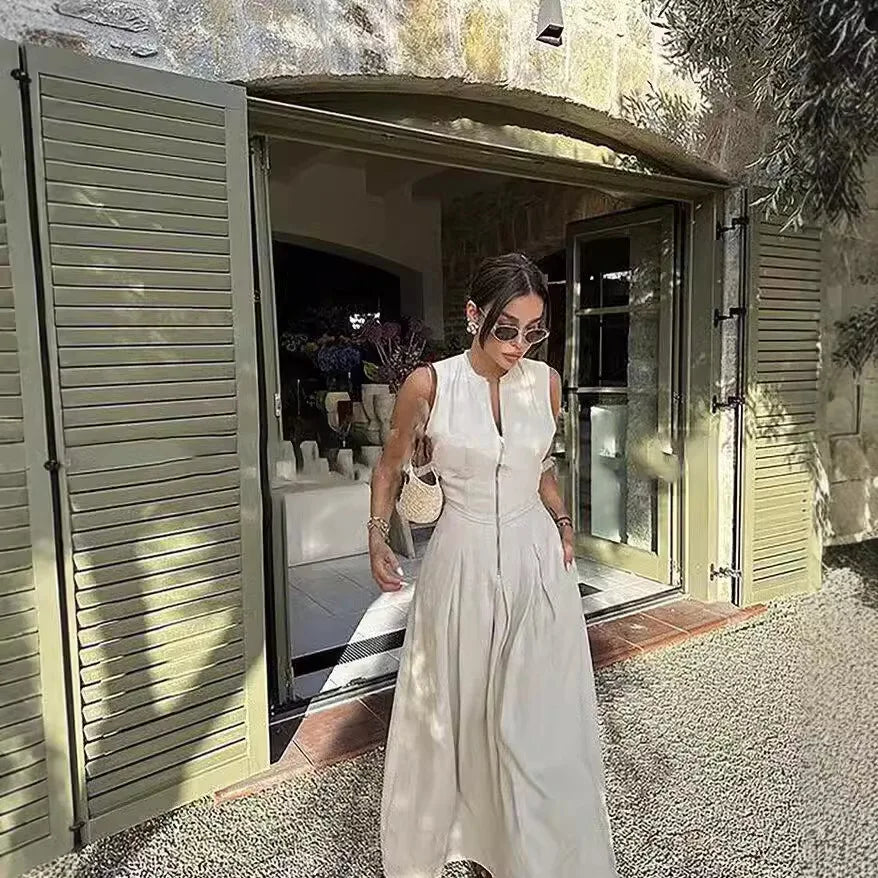 2024 Spring New Fashion Ladies Daily Wear Zipper Waist Sleeveless Casual Long Dress Women