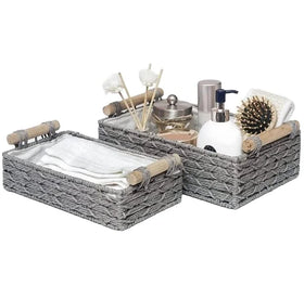 Modern Eco-Friendly Handmade Rectangle Multifunction Paper Rope Woven Grey Storage Baskets with Lining Handle Home Decoration