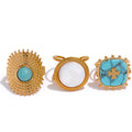 JINYOU 2047 Bohemia Fashion Natural Turquoise Stone Shell Cross Square Bohemian Stainless Steel Open Adjustable Ring