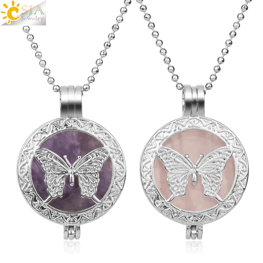 CSJA Vintage Butterfly Hollow Locket Pendant Aromatherapy Essential Oils Diffuser Crystal Stone Necklace G279