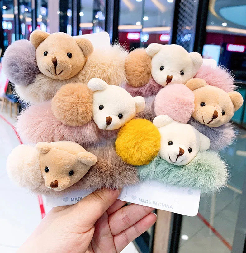 Cute Plush Bear Furry Hair Rope for Women Soft Pompom Elastic Scrunchies Girls Hair Bands Ponytail Holder Hair Accessories