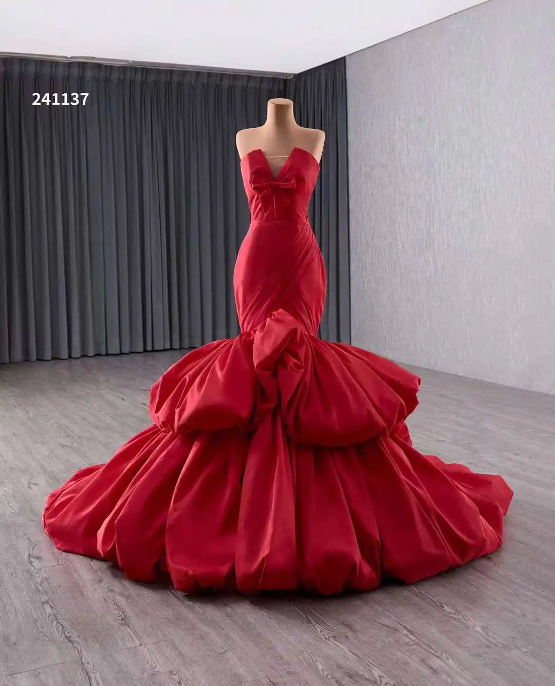 QUEENSGOWN Red Sweetheart Puffy Mermaid Dress Elegant Bow High Quality Satin Pleats Slim Mermaid Evening Party Dresses