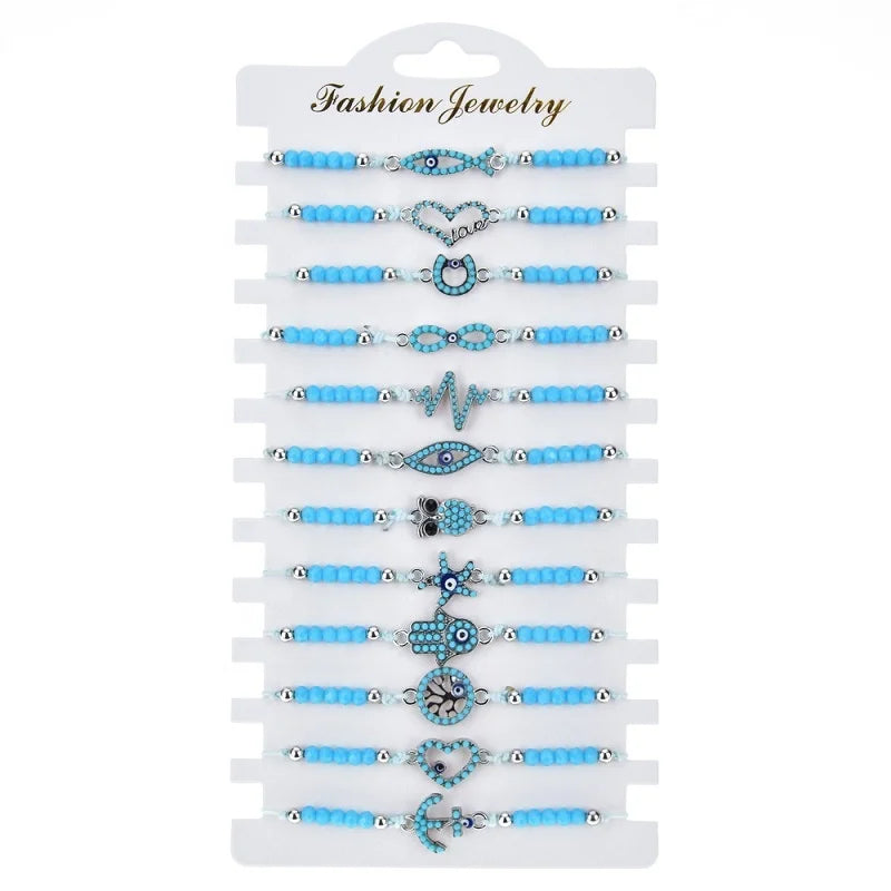 Turquoise Bracelet with 12pcs Faceted Crystal Beads Dolphin Infinity Evil Eyes Life Tree Hamsa Starfish Charm Bracelet