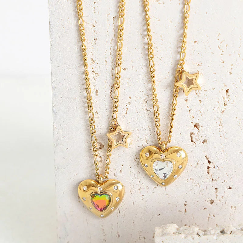 Fashion Glass Stone Necklace 18k Gold Plated Titanium Steel All-match Heart-shaped Zircon Pendant Necklace for Women