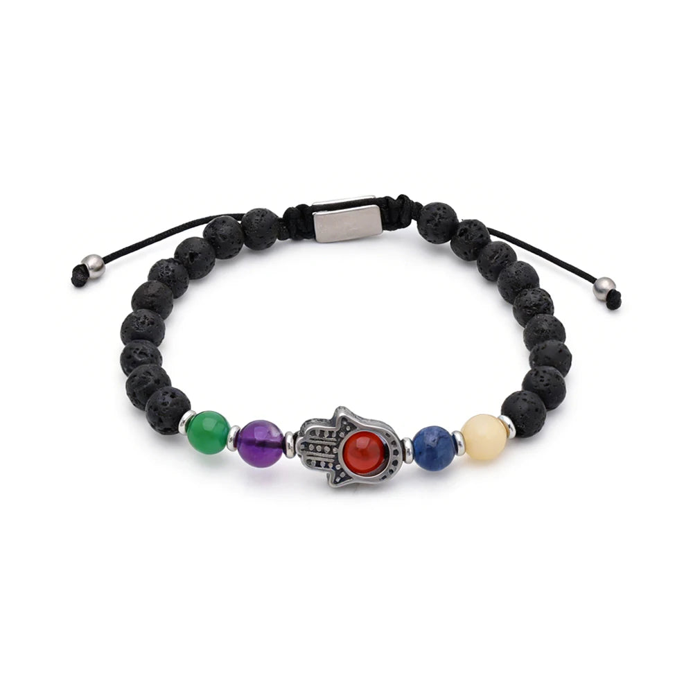 7 Chakra Natural Gemstone Yoga Healing Bracelet Men 8mm Lava Stone Hamsa Hand Devil Eye Beaded Stretch Protection Jewelry