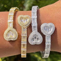 Adjustable 6mm Baguette CZ Heart Style Iced Bling Bangle Women's Street Fashion Hip Hop Bracelet Full Iced Women's Bangle