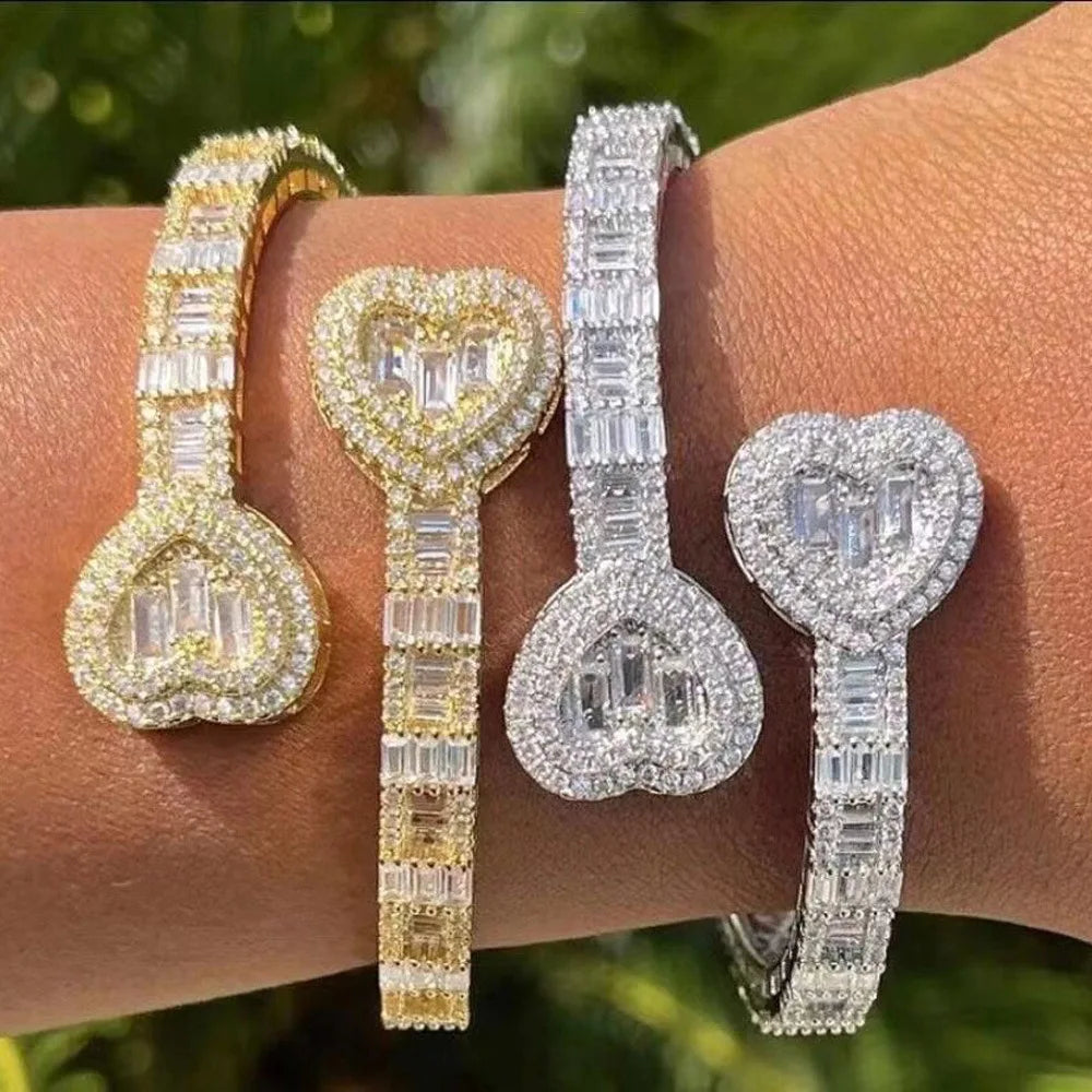 Adjustable 6mm Baguette CZ Heart Style Iced Bling Bangle Women's Street Fashion Hip Hop Bracelet Full Iced Women's Bangle