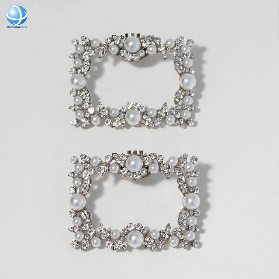 Elegant Pearl Beads Jewels Shoe Clip Accessories Glitter Rhinestones Square Buckles for Formal Occasions Shoe Embellishments