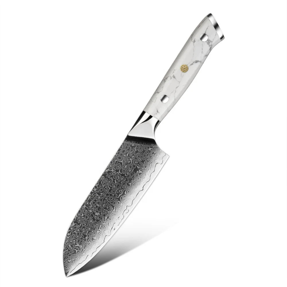 Amber Custom White Turquoise Stone Handled  5inch VG10 Damascus Steel Mini Santoku Chef Knives with Kitchen Knives Santoku