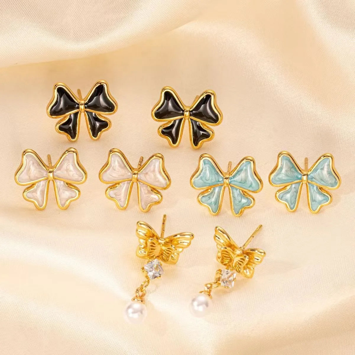 Wholesale Fashion Stainless Steel Enamel Bow Knot Fashion Daily Stud Earrings for Women Waterproof Hypoallergenic Jewelry