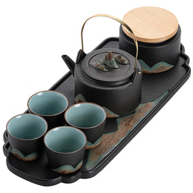 Japanese Style Porcelain Kung Fu Tea Set Hand-Drawn Loop-Handled Dry Pour for Home Living Room or Business Gift
