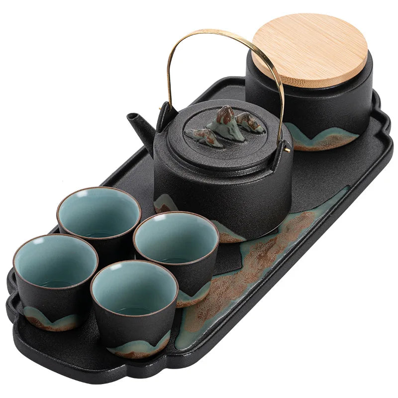 Japanese Style Porcelain Kung Fu Tea Set Hand-Drawn Loop-Handled Dry Pour for Home Living Room or Business Gift