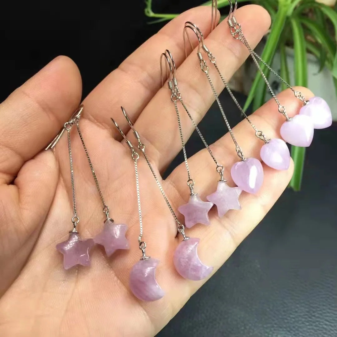 Healing Gemstone Stone Fine Jewelry Natural Raw Crystal  Kunzite Heart 925 Sterling Silver Earrings Hook