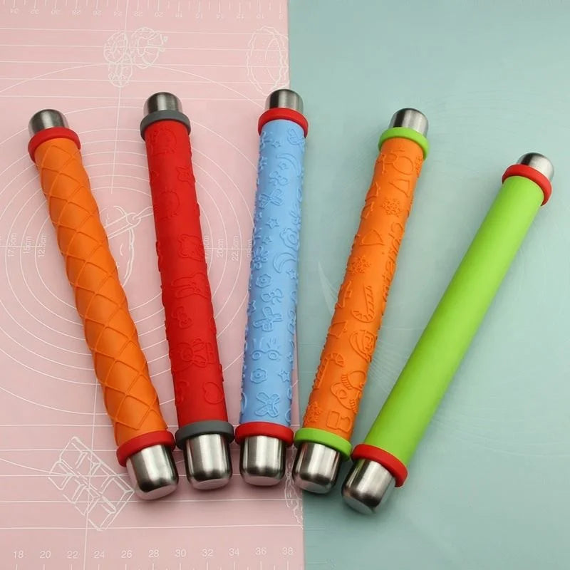 Top Grade Stable Stainless Steel Textured Roller Pin with Silicone Cover and Thickness Ring Easy to Roll Design Pizza Dough