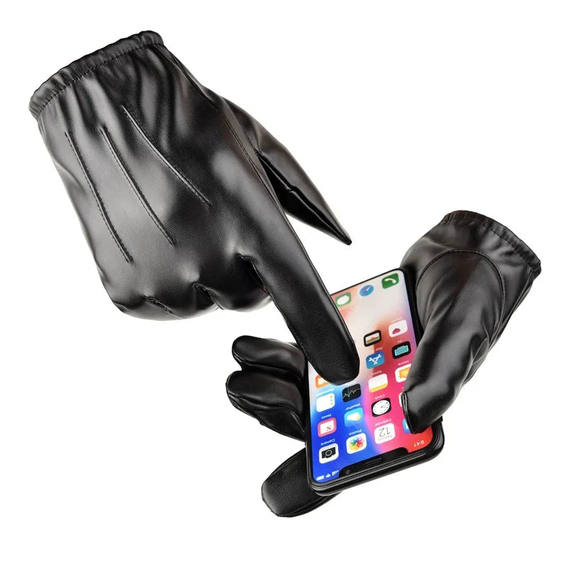 Men's Outdoor Driving Touchscreen Winter Warm Soft Casual Black PU Leather Gloves