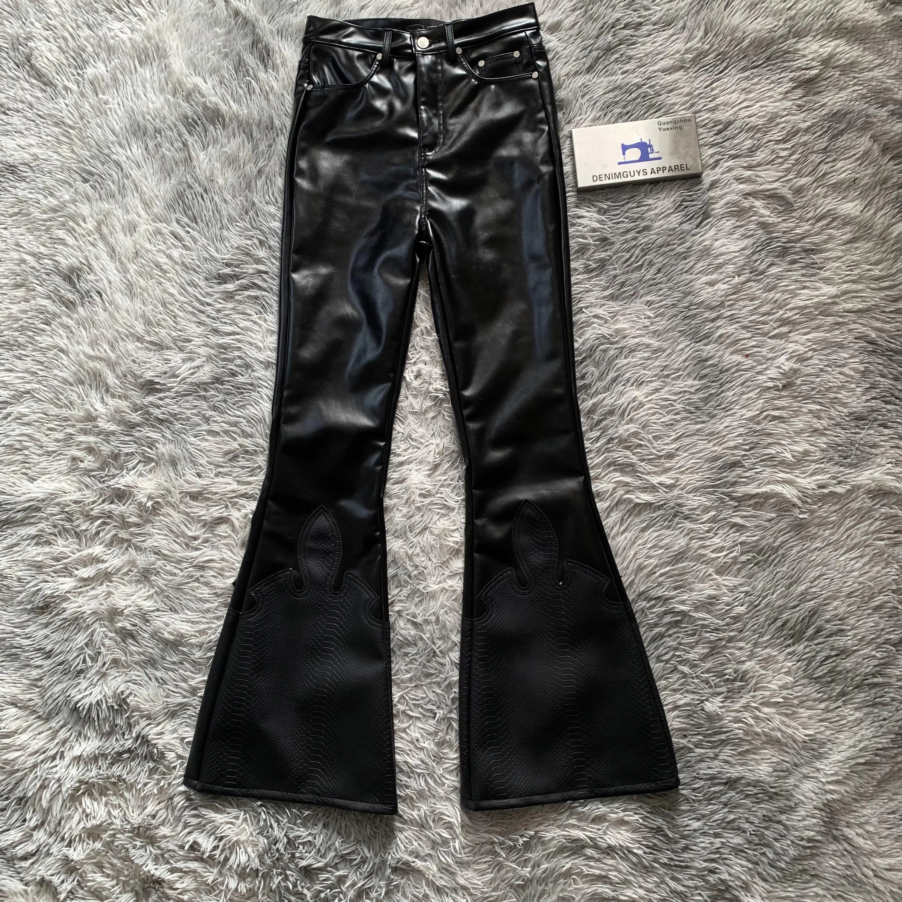 DENIMGUYS Custom Leather Flare Pants High Waist Casual Genuine Sheepskin Women's Black Leather Bootcut Pants