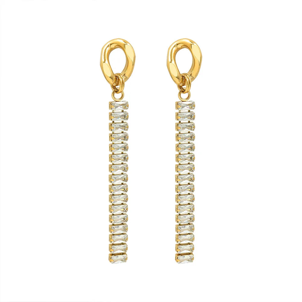 Luxury High Quality Clear Statement Party Cubic Zirconia  Long Stainless Steel Earring Waterproof Jewelry
