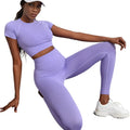 TikTok Trend Custom Hot Sale Women's Seamless 2 Piece Yoga Set Short Sleeve Crop Top & High Waist Leggings Gym Workout Top