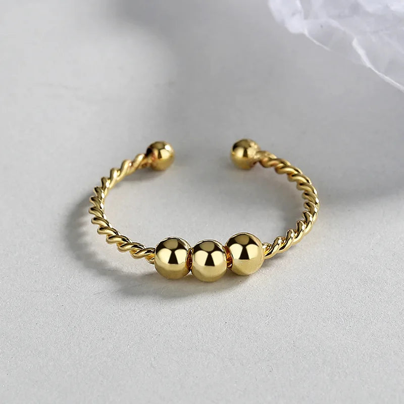 Trendy Women Jewelry Silver Color Reduce Anxiety Open Beaded Removable Copper Simple Many Beads Adjustable Fidget Ring