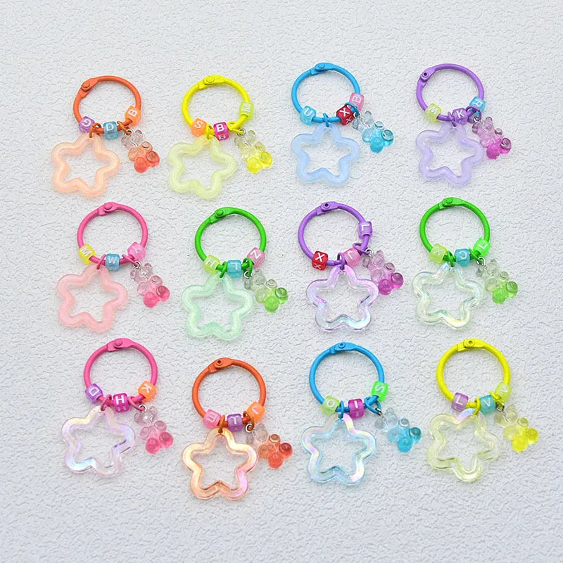 Color Acrylic Glitter Luminous AB Hollow Star Bear Key Ring Star Keychain with Beads