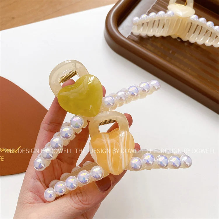 Korean New Style Plastic Hair Claw Clips 11cm Elegant Heart-Shaped Pearl Hair Claws for Women