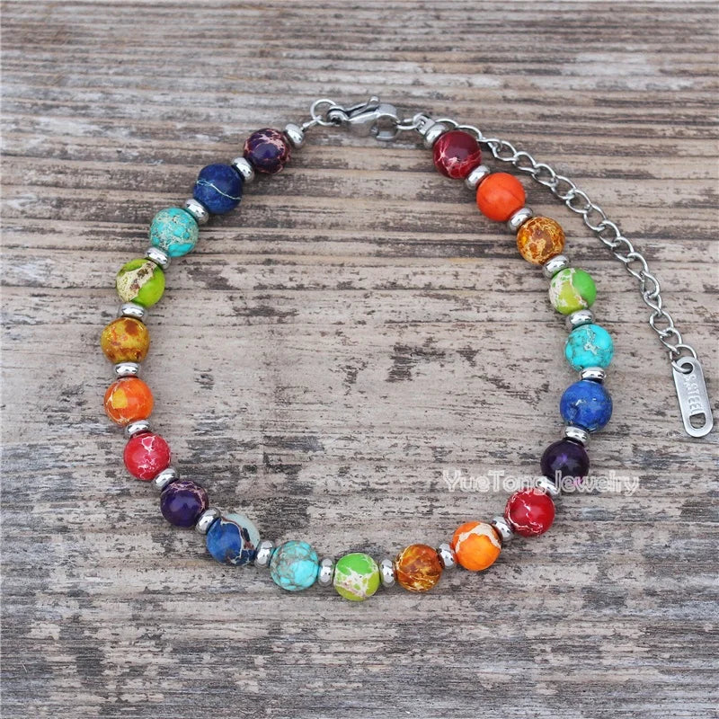 Trendy 7 Chakra Natural Imperial Jasper Stone Stacking Bead Bracelet Stainless Steel Clasp Unique Statement Jewellery Wholesale