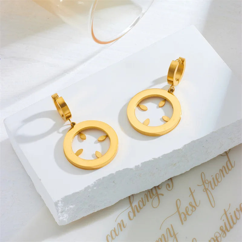 New Fashion Jewelry Hoop Earrings Tarnish Free 18k Gold Plated Stainless Steel Hollow Round Drops Earrings Women
