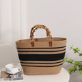 Women's Summer Cotton Woven Bucket Bag with Two Bamboo Handles Open Closure Beach Holiday Bag