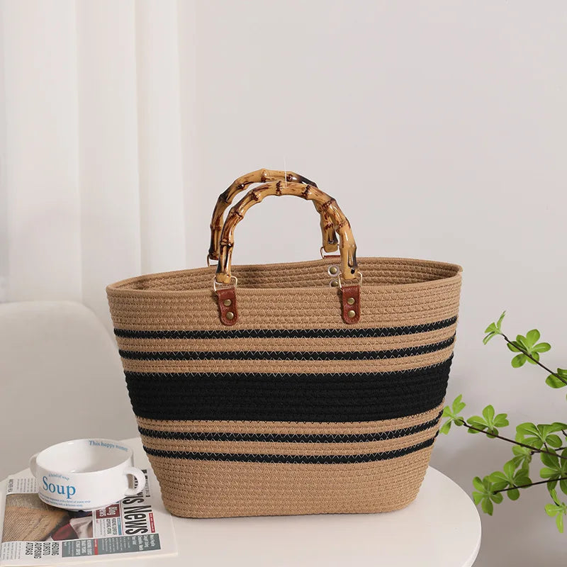 Women's Summer Cotton Woven Bucket Bag with Two Bamboo Handles Open Closure Beach Holiday Bag