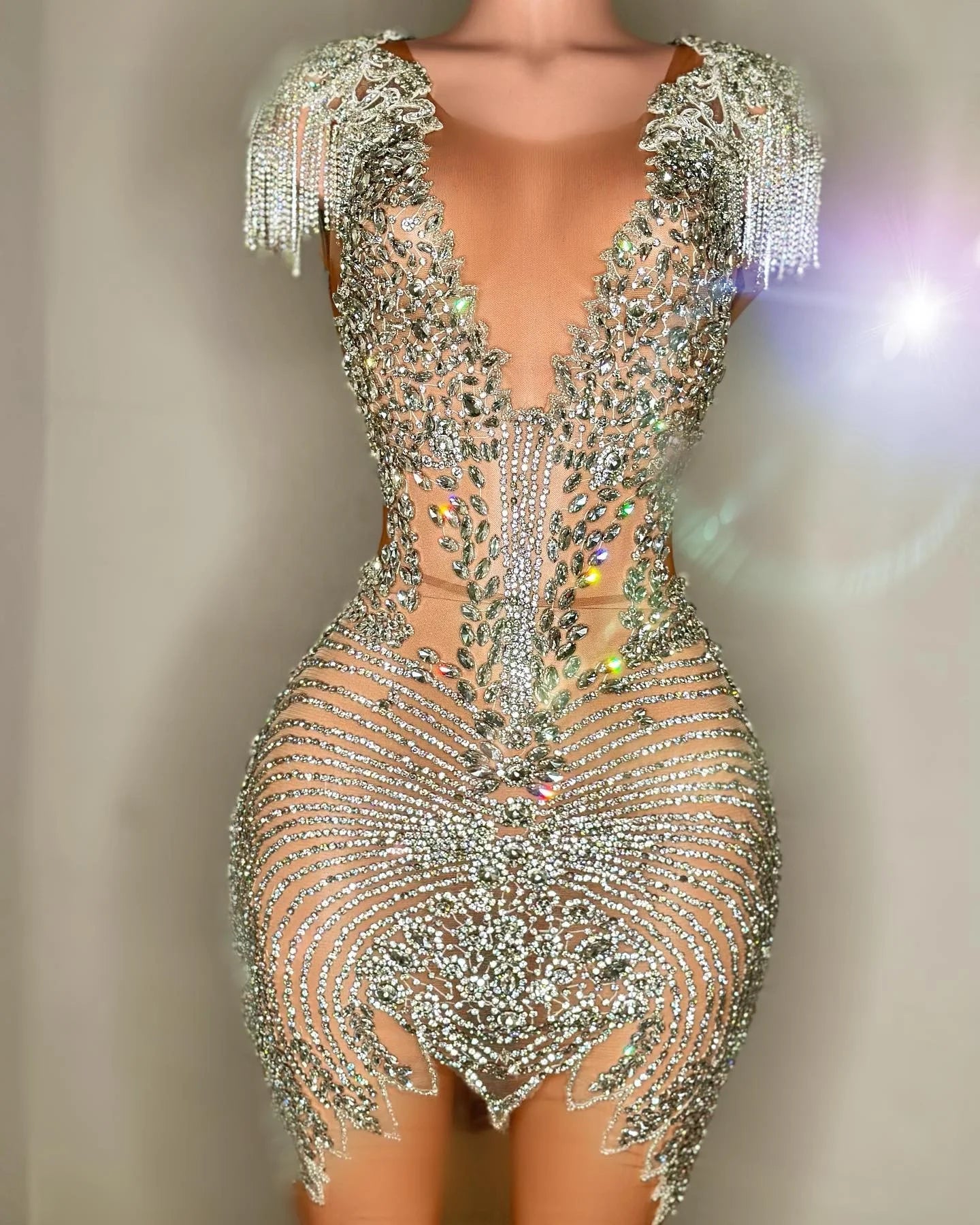 Ocstrade Vestidos Bling Tassel Chain Shoulder Birthday Party Dress Sparkly Silver Big Rhinestone Transparent Mini Dress Club