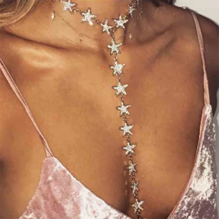 2023 Luxury Gold Color Long Five Pointed Stars Choker Necklace New Crystal Rhinestone Necklace for Women