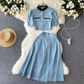 Wholesale 2026 Summer New Chinese Standing Collar Contrast Short Top A-line Pleated Half Skirt Women's Set