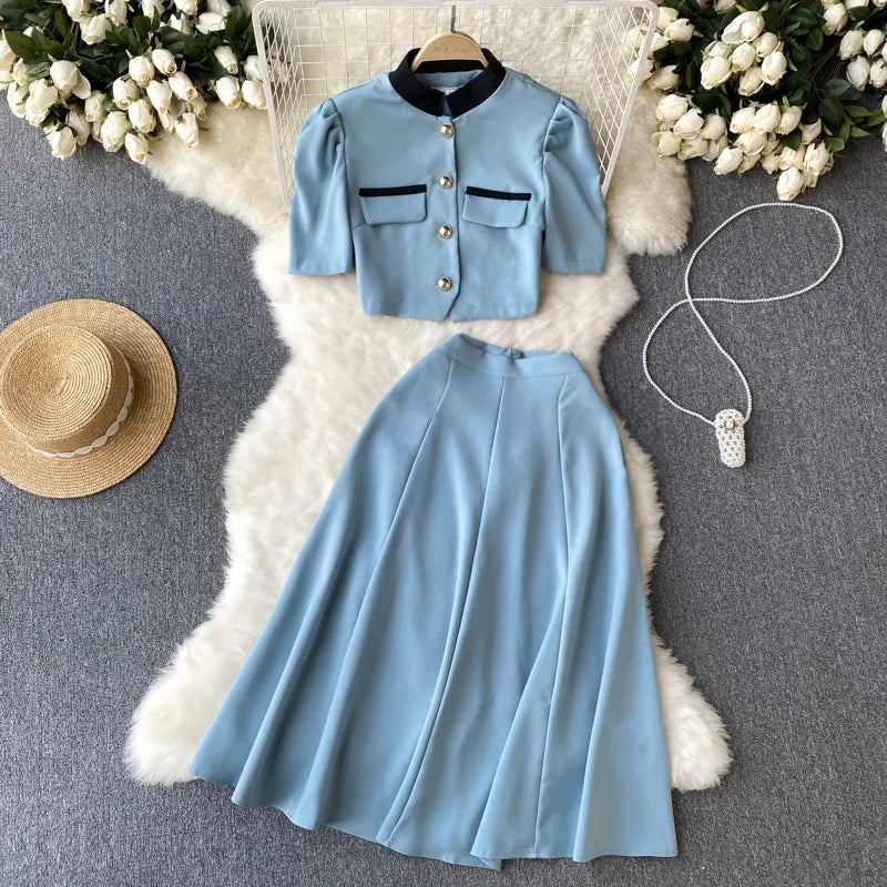 Wholesale 2026 Summer New Chinese Standing Collar Contrast Short Top A-line Pleated Half Skirt Women's Set