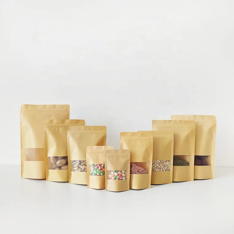 17x24cm Eco-Friendly Zip Lock Packaging Bag Different Size Brown Kraft Food Paper Bag With Matte Window