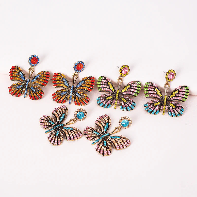 Classic Colorful Glass Butterfly Vintage Earrings Women Crystal Rhinestone Butterfly Stud Earrings Ladies Jewelry