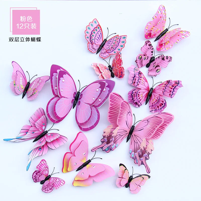 12Pcs 3D Double Layer Butterfly Wall Sticker Set  for Wedding Party Cosplay Offices Home Decor Kids Room Fridge Magnet Stickers