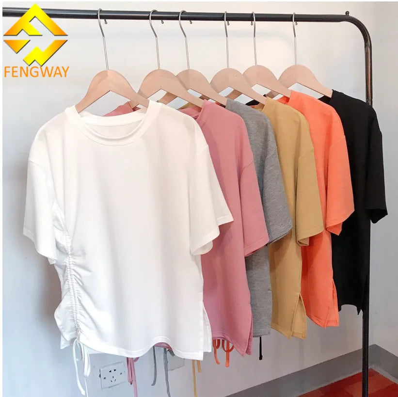 Fengway Custom Solid Thin Short Sleeve T Shirts Loose Casual Shirt Side Drawstring Stacked T-Shirt for Ladies