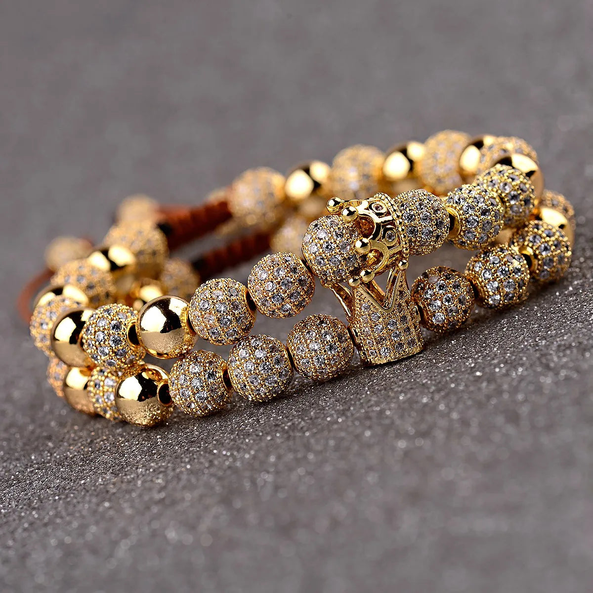 2 Designs Available Luxury Hand Jewelry 8mm Copper Bead Micro Pave CZ King Crown Braided Macrame Bracelet