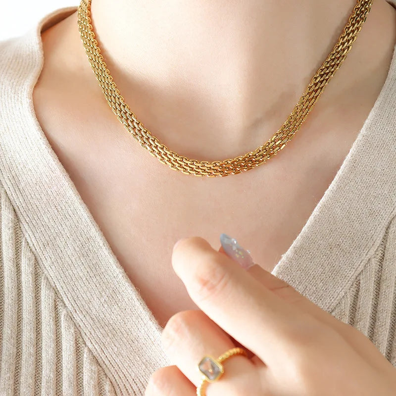 Personalized Exaggerated 18K Gold Plated Wide Woven Collarbone Chain Stainless Steel Accessories Necklace for Women